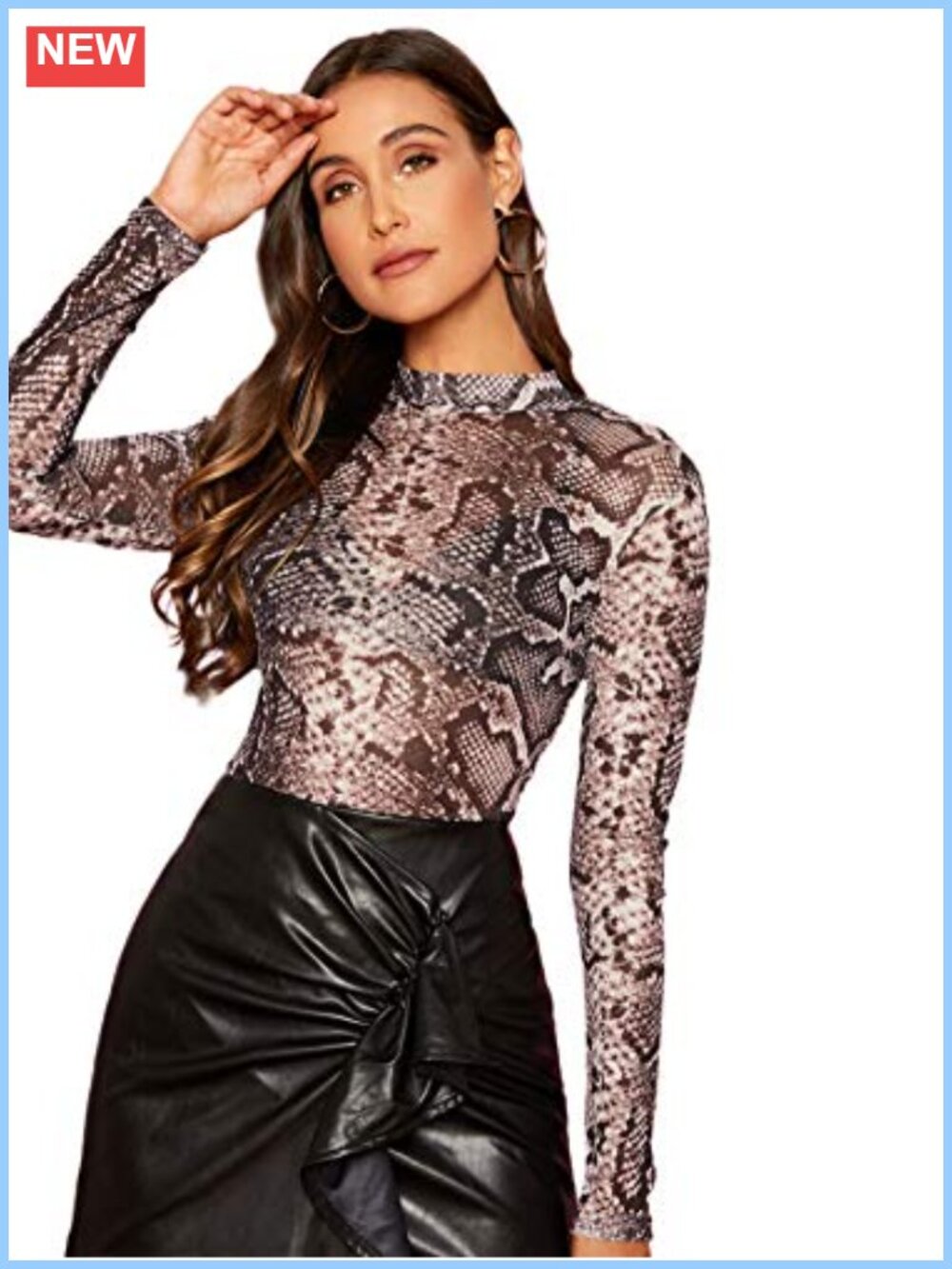 Long Sleeve Mock Neck Sheer Mesh Crop Top Heart Print Slim Fit